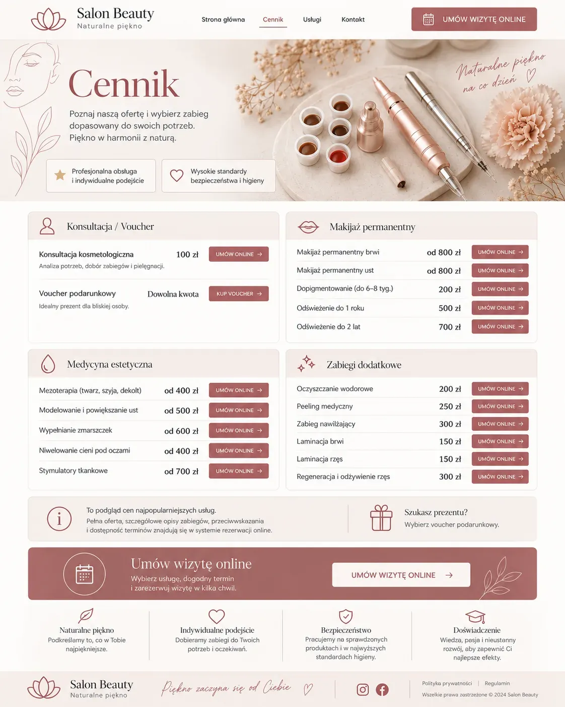 Koncepcja strony kontaktowej i rezerwacji wizyty dla salonu beauty.