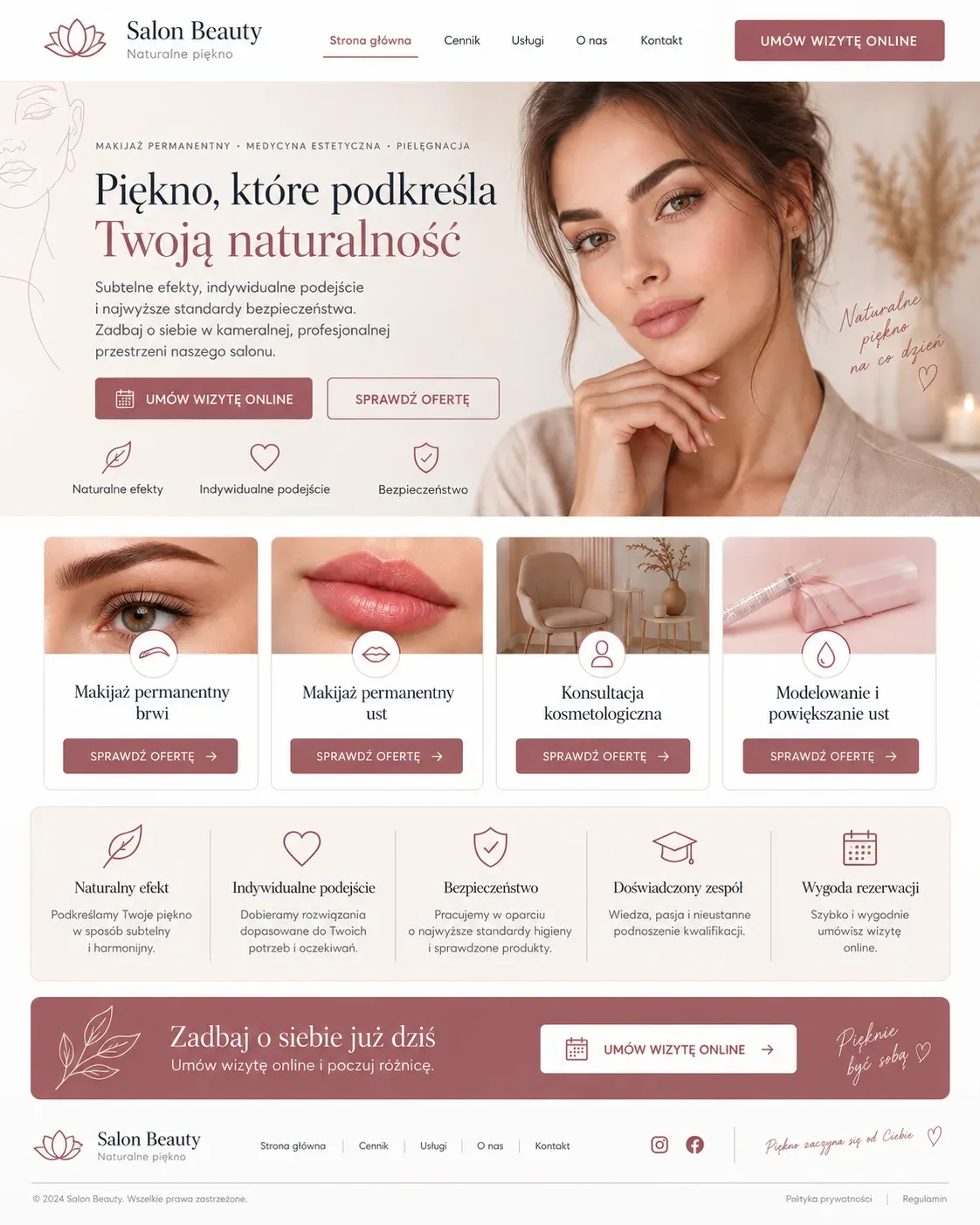 Koncepcja eleganckiej strony głównej dla salonu makijażu permanentnego.
