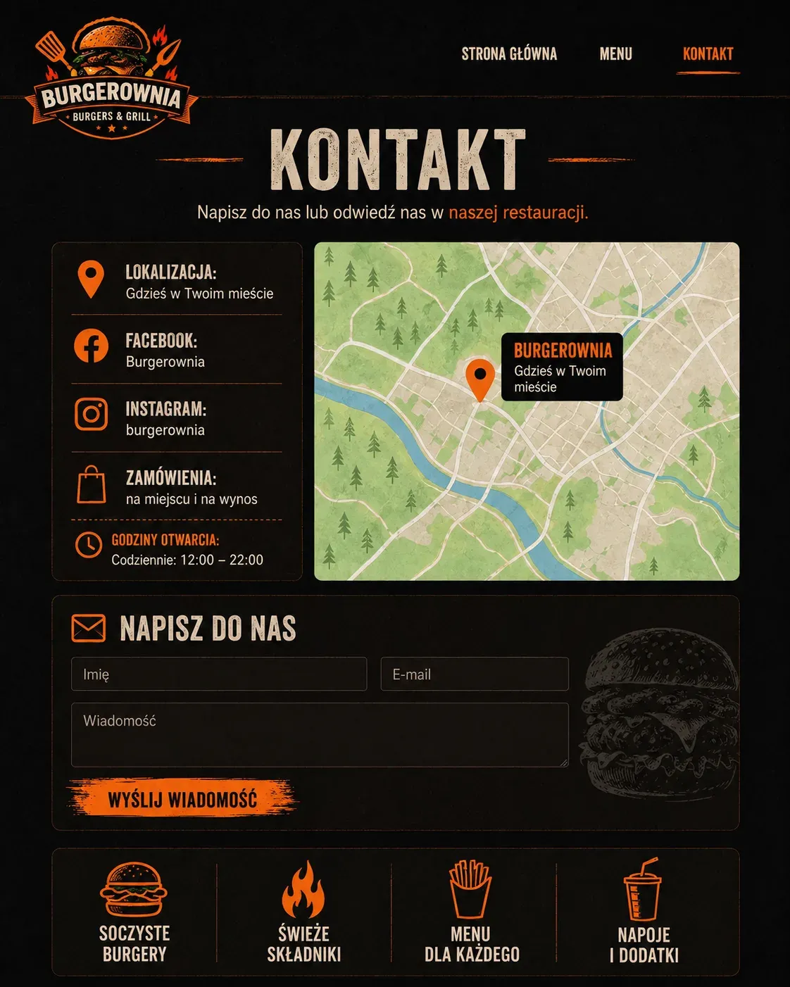 Koncepcja strony kontaktowej dla burgerowni.
