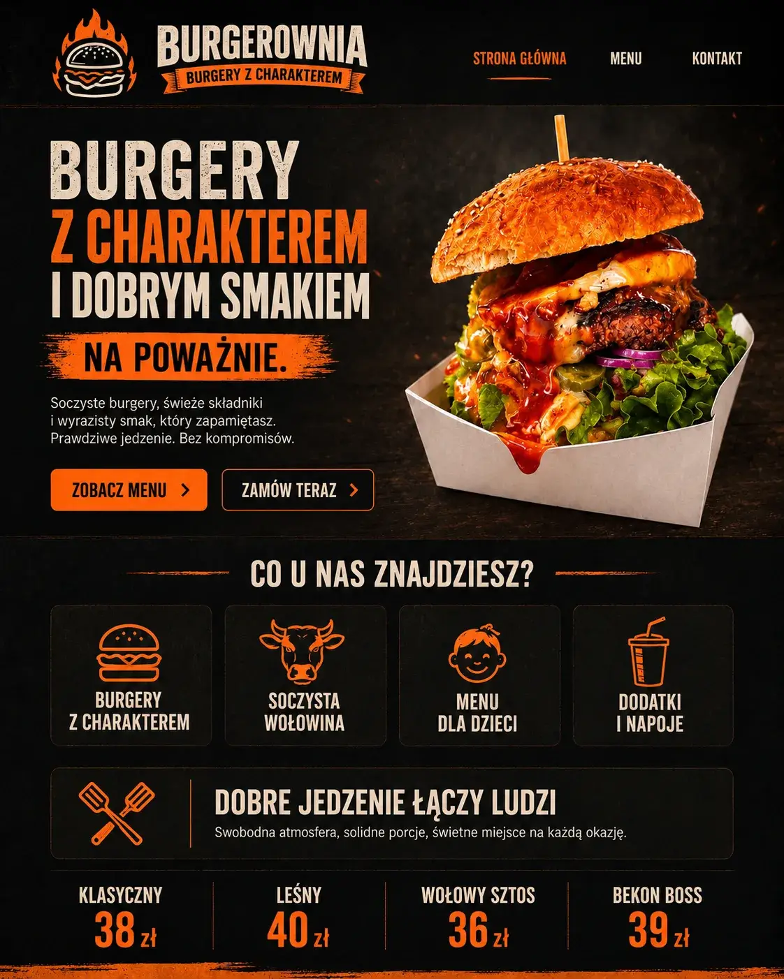Koncepcja strony głównej dla burgerowni w ciemnym, wyrazistym stylu.