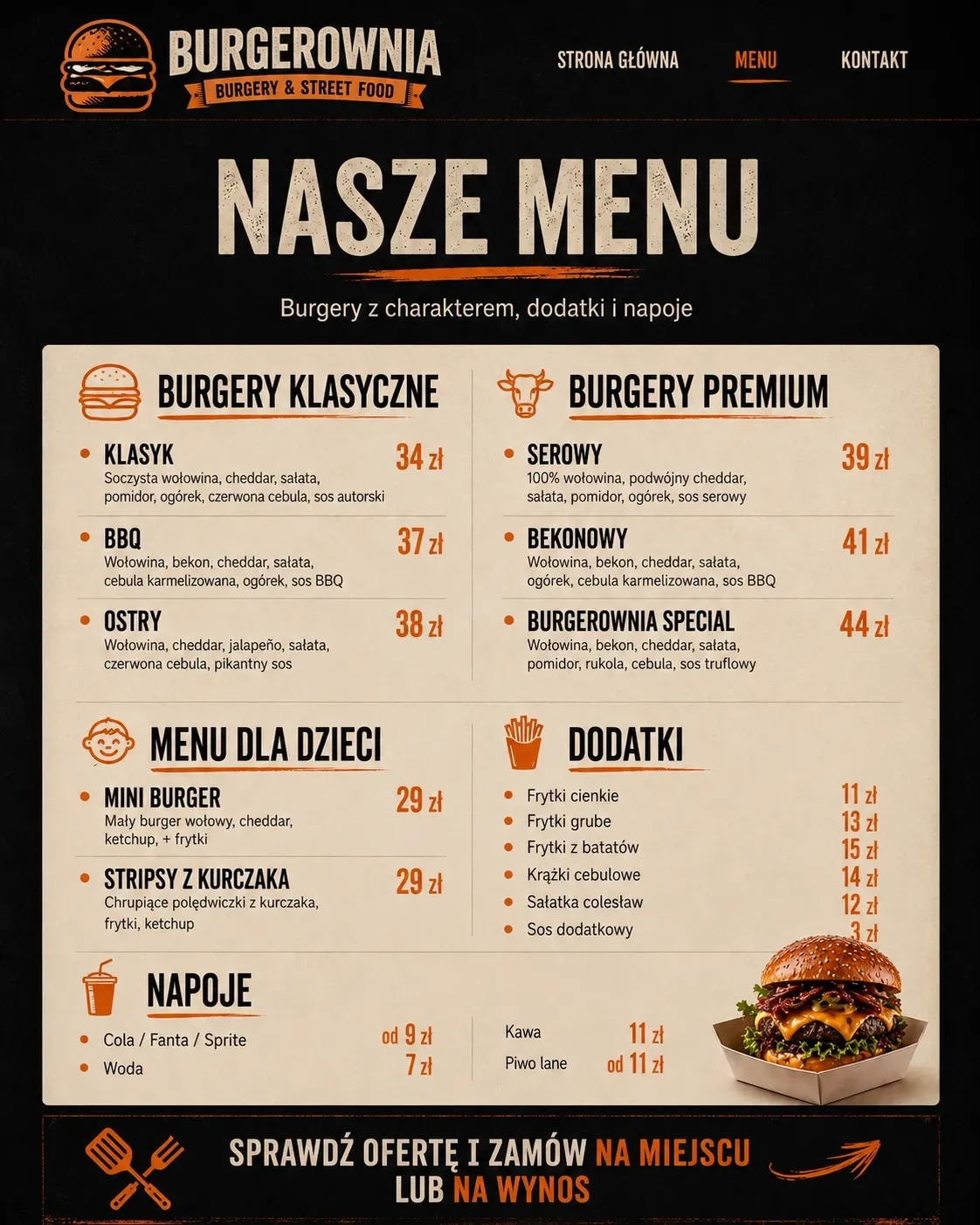 Koncepcja czytelnego menu dla burgerowni.