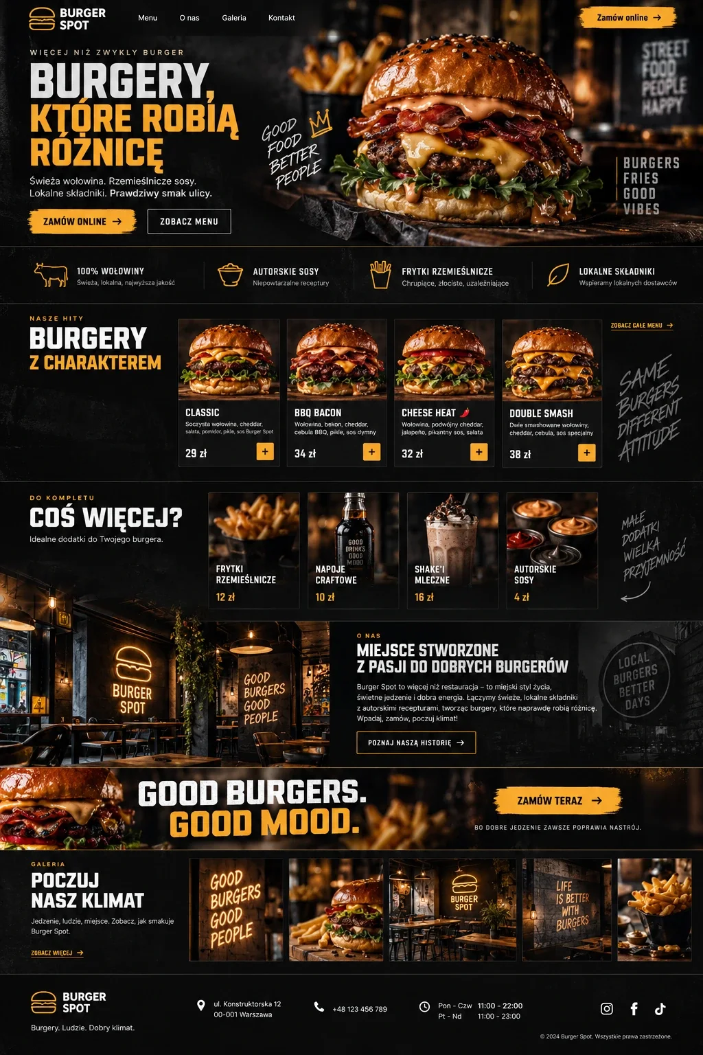 Koncepcja wyrazistej strony internetowej dla burgerowni i lokalu street food.