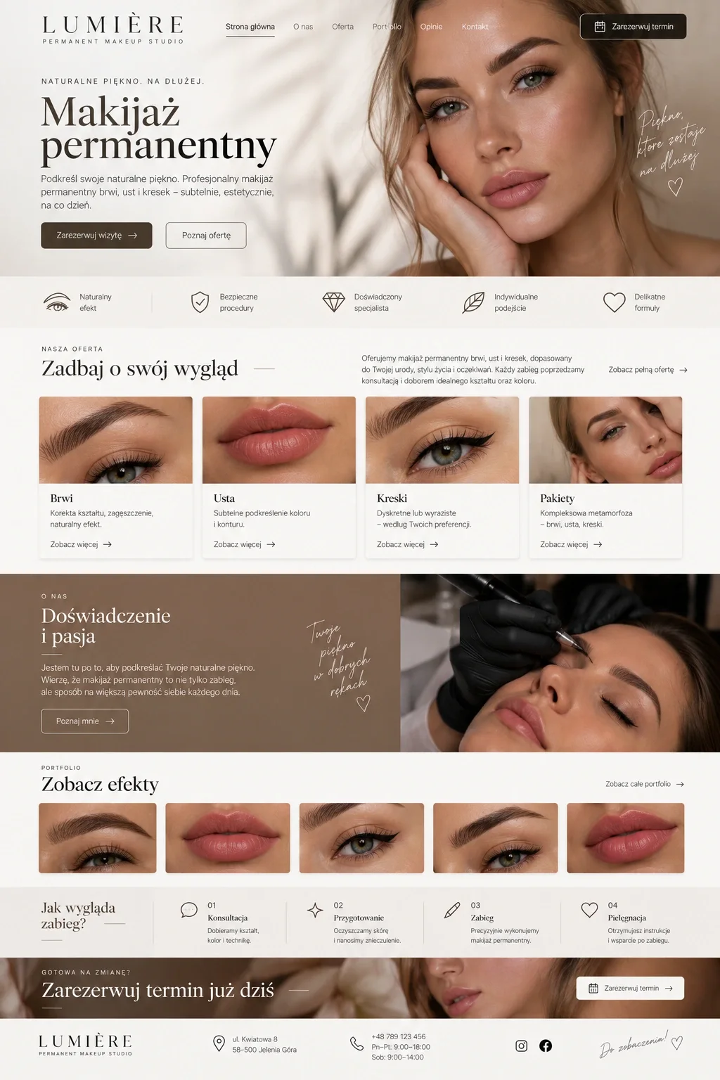 Koncepcja eleganckiej strony internetowej dla studia makijażu permanentnego.