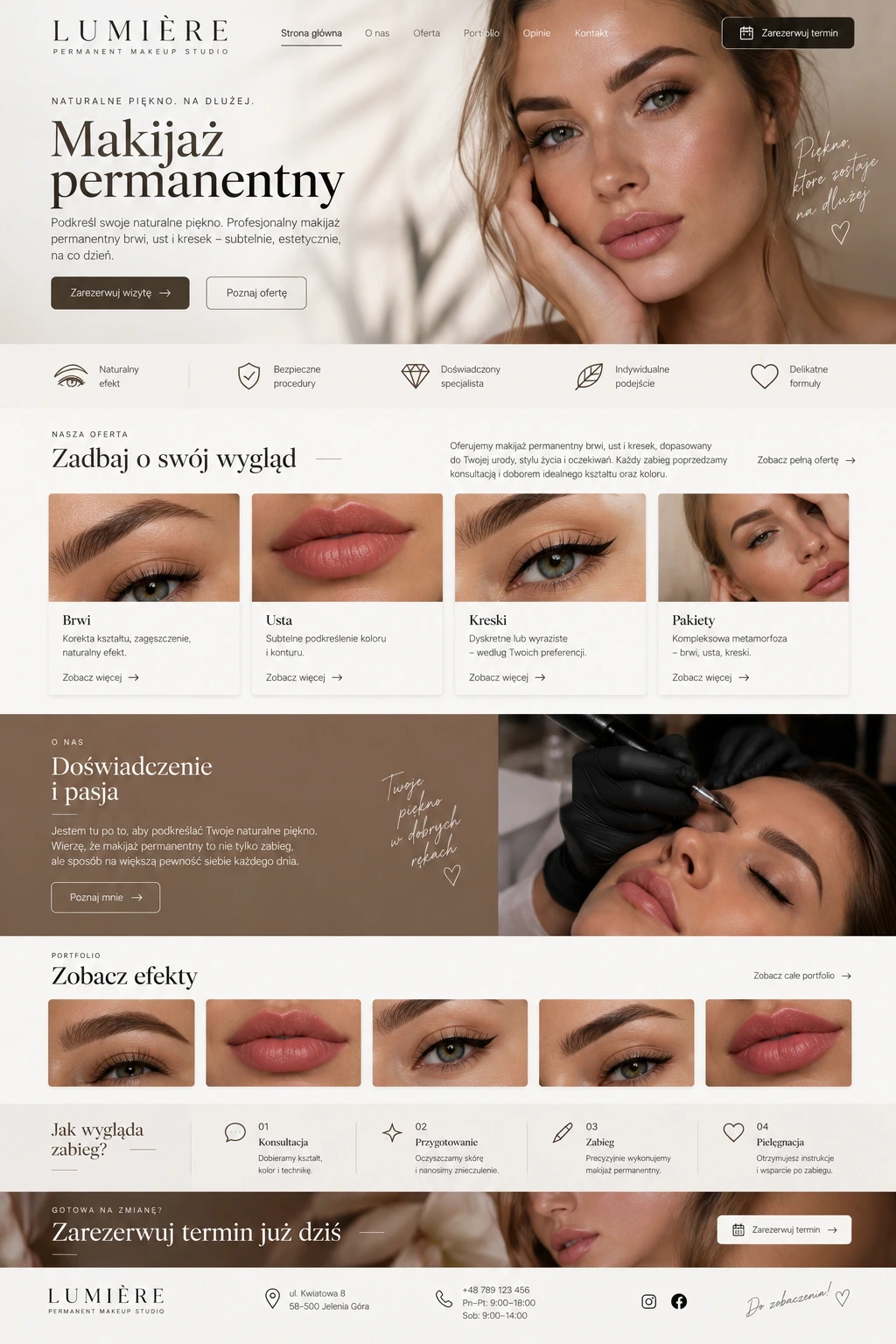 Koncepcja eleganckiej strony internetowej dla studia makijażu permanentnego.
