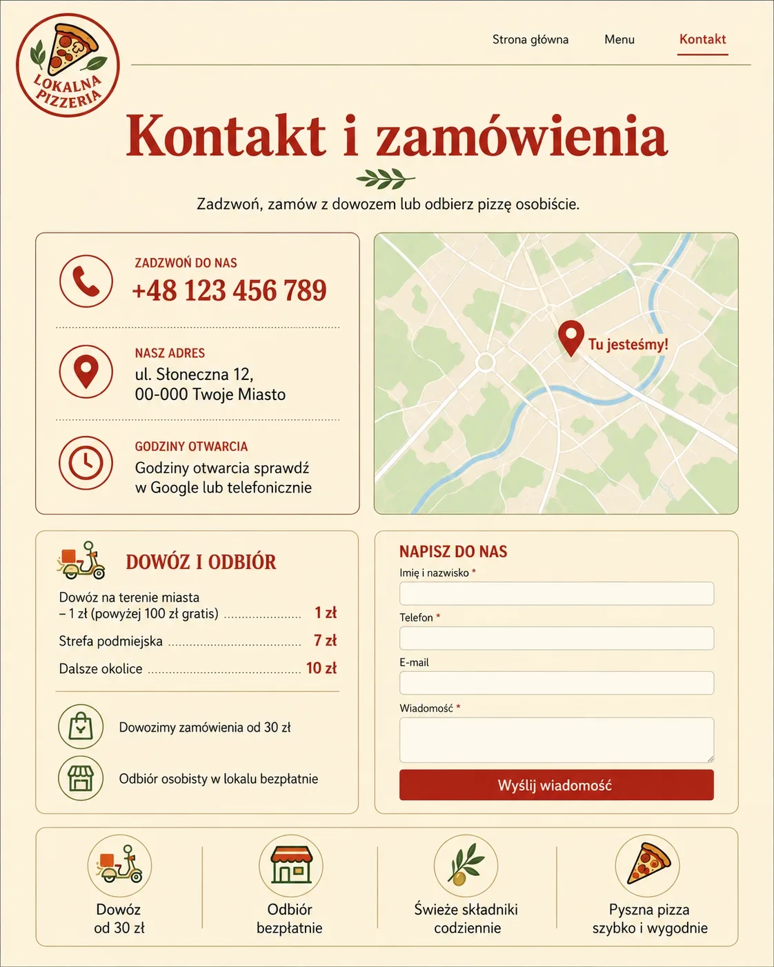 Koncepcja strony kontaktowej i zamówień dla lokalnej pizzerii.