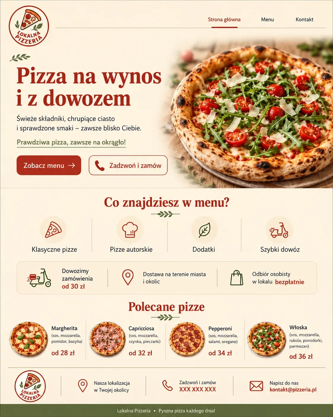 Koncepcja jasnej strony głównej dla lokalnej pizzerii.