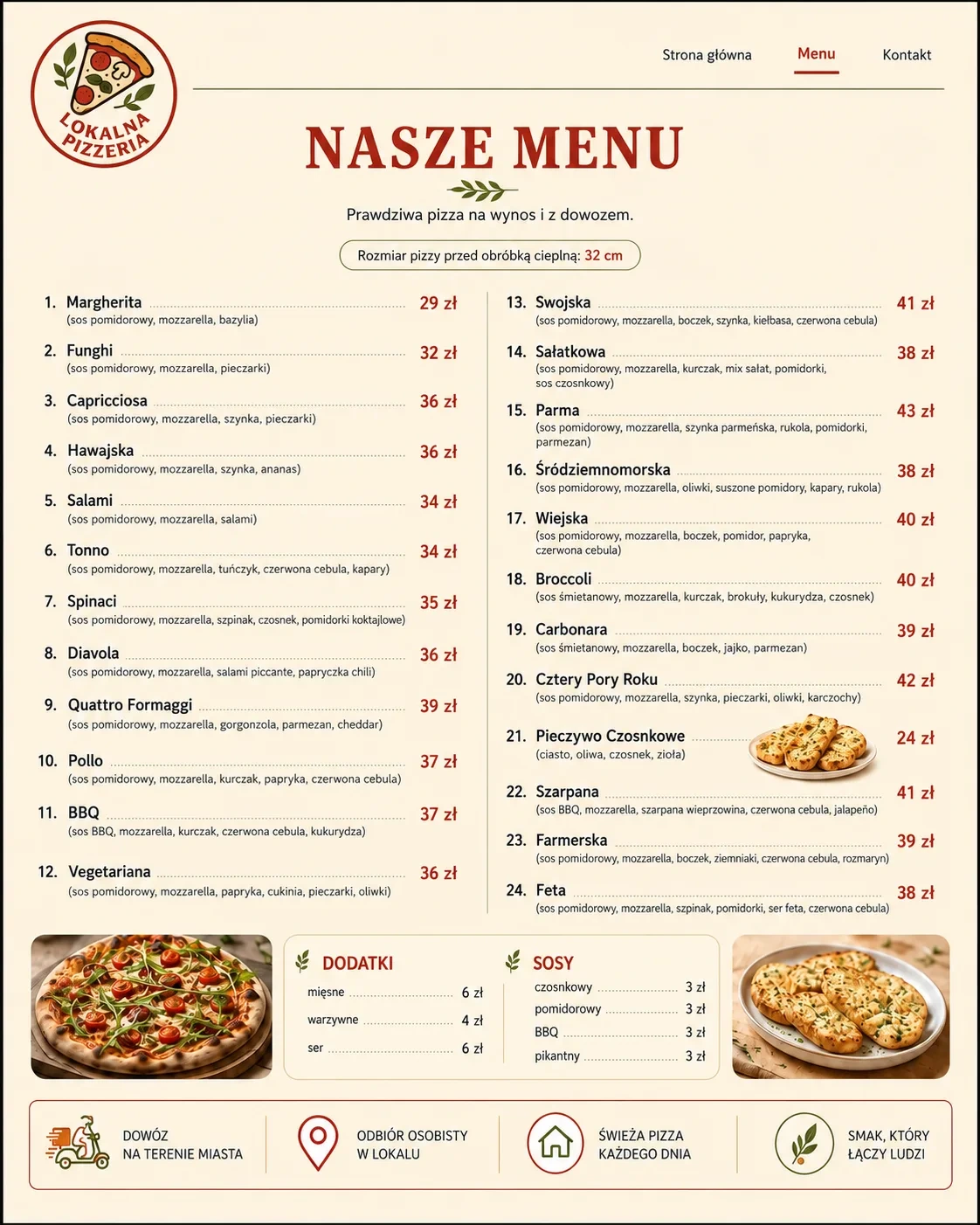 Koncepcja czytelnego menu dla lokalnej pizzerii.