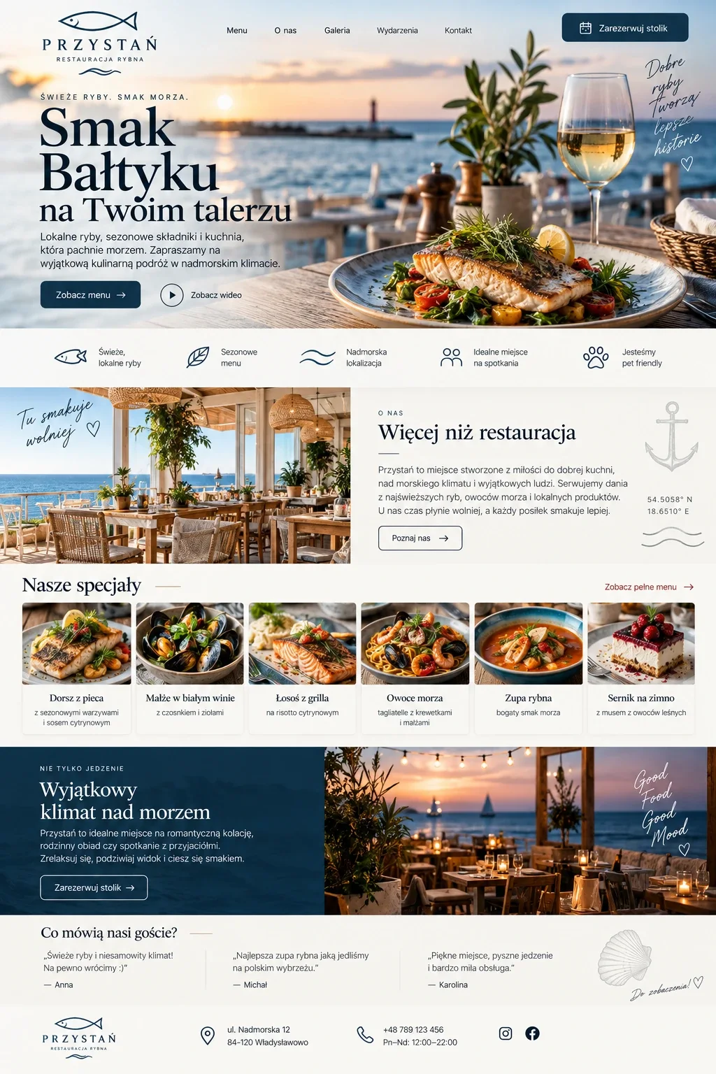 Koncepcja strony internetowej dla restauracji rybnej i owoców morza.