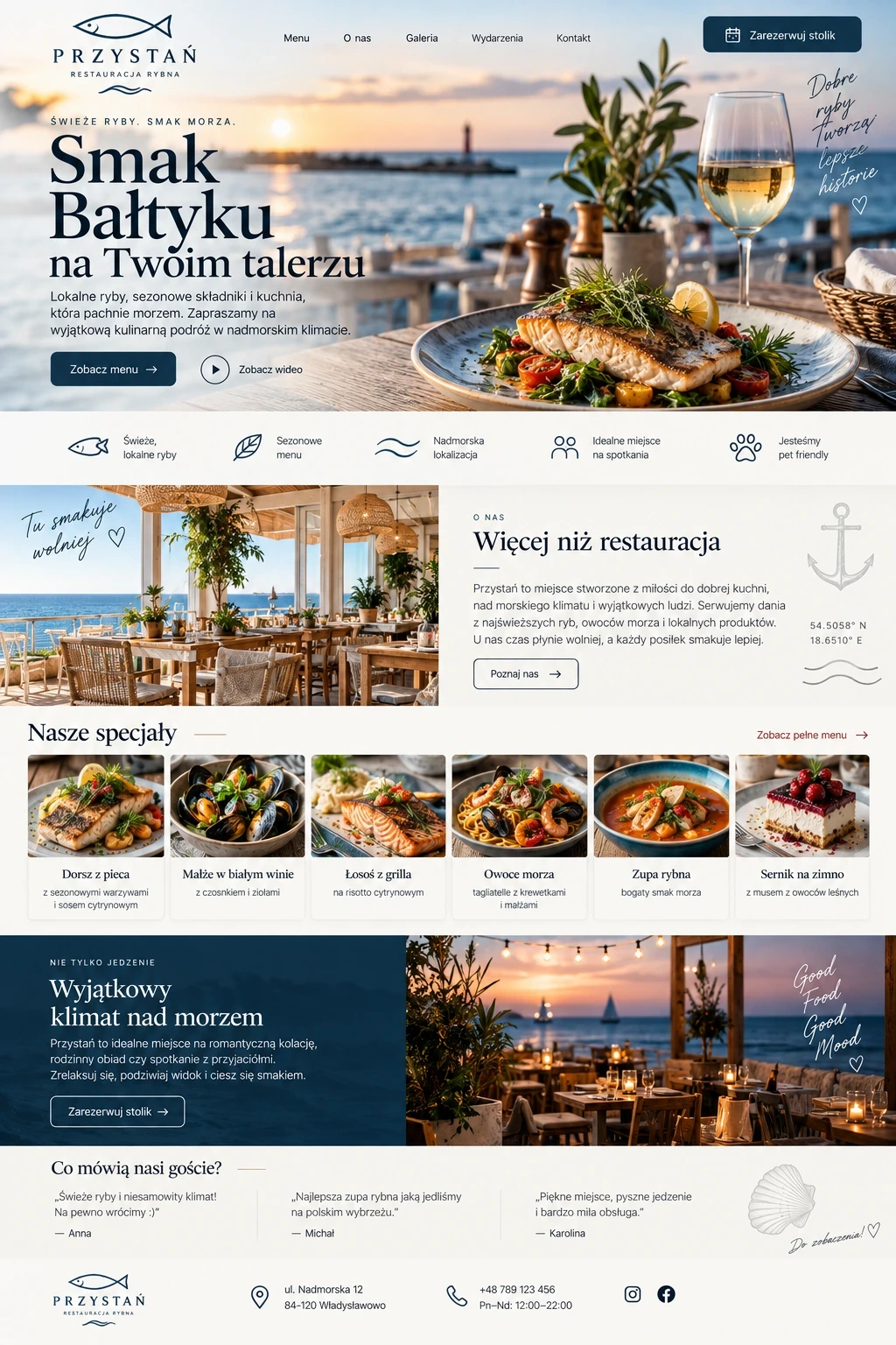 Koncepcja strony internetowej dla restauracji rybnej i owoców morza.