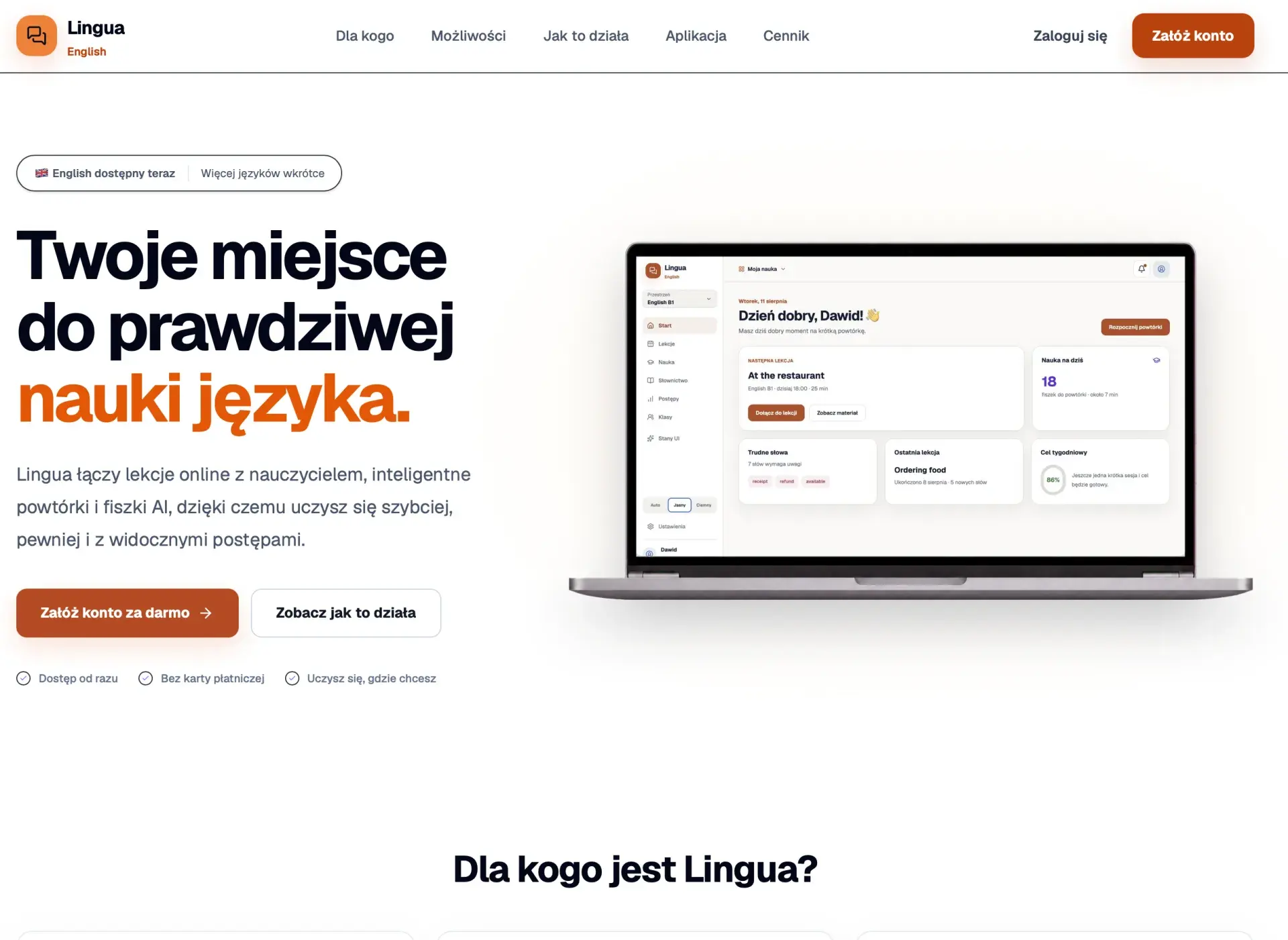 Aktualna strona projektu Lingua prezentująca aplikację do nauki języka angielskiego.