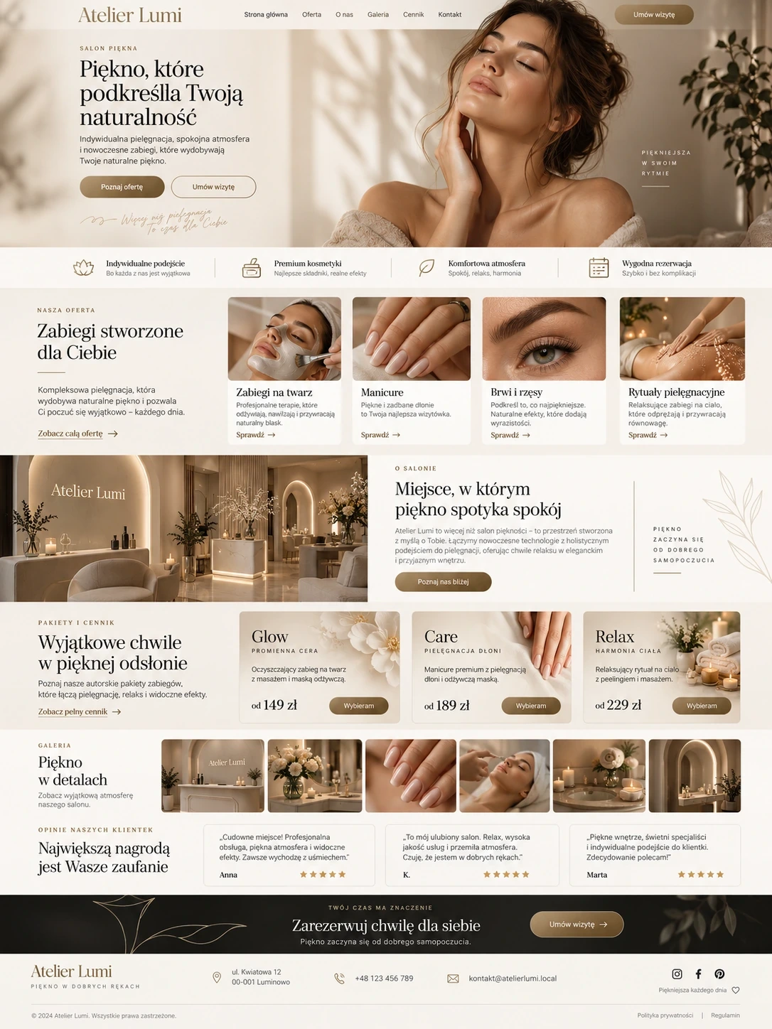 Koncepcja eleganckiej strony internetowej dla salonu beauty premium.