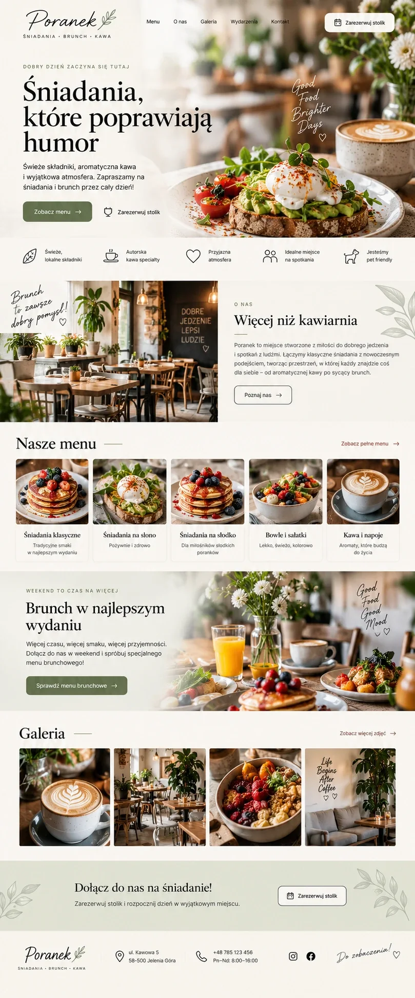 Koncepcja strony internetowej dla lokalu oferującego śniadania i brunch.