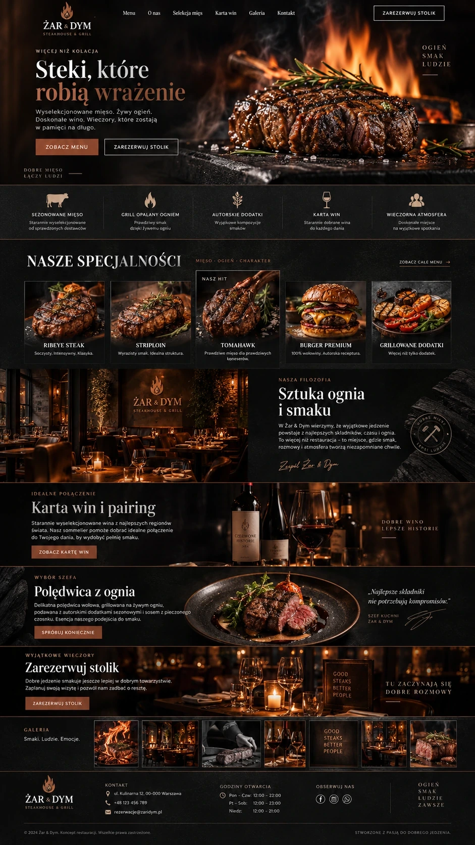 Koncepcja wyrazistej strony internetowej dla steakhouse'u i restauracji grillowej.
