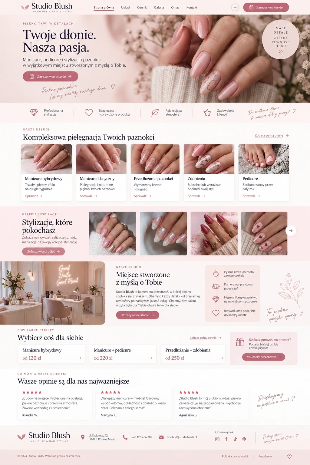 Koncepcja strony internetowej dla studia manicure i stylizacji paznokci.